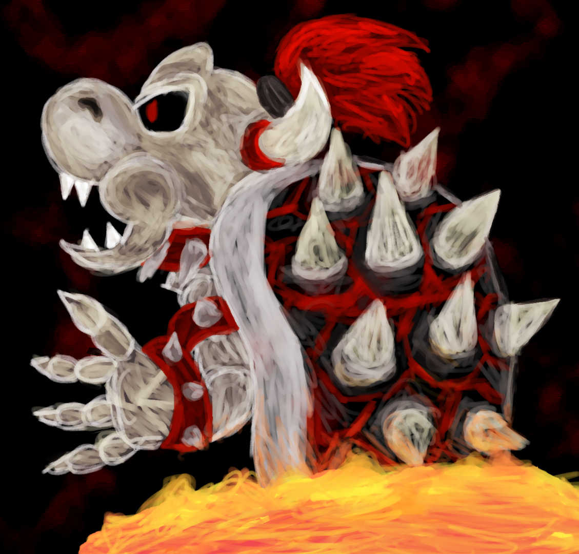 Illustration of a skeletal dragon turtle creature with red spiked arm bands facing away from the viewer, bathing in lava.
